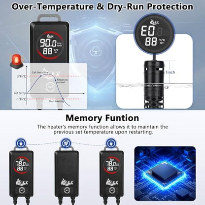AQQA 1000W Aquarium Heater, Fish Tank Heater with Digital Thermostat | Over-Temperature and Dry-Run Protection, for Over 150 Gallon Freshwater, Saltwater, Turtle Betta Fish Tank Aquarium - size: 1000W for 172-227 gallon