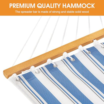 Lazy Daze Double Textliene Quick Dry Hammock with Spreader Bar for Outdoor | 11 Ft Hammock for 2 Person, Weather Resistant Fabric, 450 Lbs Capacity, Hammock Bed 78 x 55 In with Carabiners, Chains - color: Blue Stripes