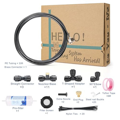 Misters for Outside Patio, 59ft Misting Line + Filter + 23 Brass Misting Nozzles +Brass Adapter(3/4") Misting System for Garden, Greenhouse, Trampoline and Chicken Coop