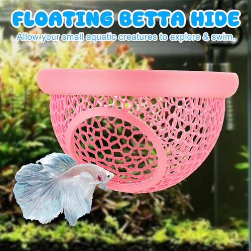 Pink Floating Betta Hide & Shrimp Cave – 3D Printed Aquarium Hammock, Feeding Ring & Resting Spot for Betta Fish, Shrimp & Small Fish (Eco-Safe PLA) - color: Pink