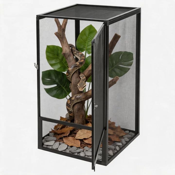 Reptile Cage, 44lbs Capacity Vertical Reptile Terrarium, Front Opening Chameleon Enclosure with 360° Observation, 4 Side Metal Mesh for Beetles Tree Frog Spider Arboreal Reptile 32"x18"x18"