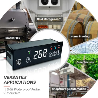 30A 120V Touchscreen Heating & Cooling Thermostat Controller | Temperature Control Switch for Garage Automation, Electric Brewery, Workshop, BBQ, ℃/℉ Switchable, 6.6 Ft Sensor Probe