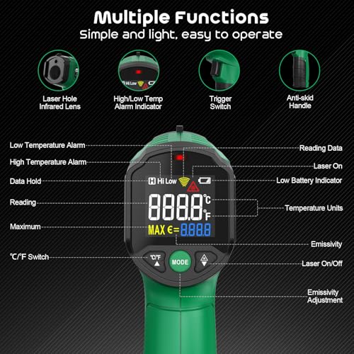 Infrared Thermometer Gun,SQECH Laser Thermometer Gun -58℉～1112℉(-50℃～600℃),Non-Contact Temperature Gun with Adjustable Emissivity&Color Backlight for Cooking, Pizza Oven,BBQ,Fridge,Engine,HVAC(Green) - color: Green(-58℉～1112℉)