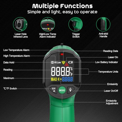 Infrared Thermometer Gun,SQECH Laser Thermometer Gun -58℉～1112℉(-50℃～600℃),Non-Contact Temperature Gun with Adjustable Emissivity&Color Backlight for Cooking, Pizza Oven,BBQ,Fridge,Engine,HVAC(Green) - color: Green(-58℉～1112℉)