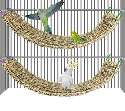 2Pcs Bird Seagrass Mat 30 × 7" Natural Grass Woven Net Hammock with Hooks Climbing Rope Ladder Chew Toys Hanging on Parrot Cage for Lovebird Pigeon Cockatiel Conure Budgie Cockatoo - size: 2Pcs 29.5" × 7"