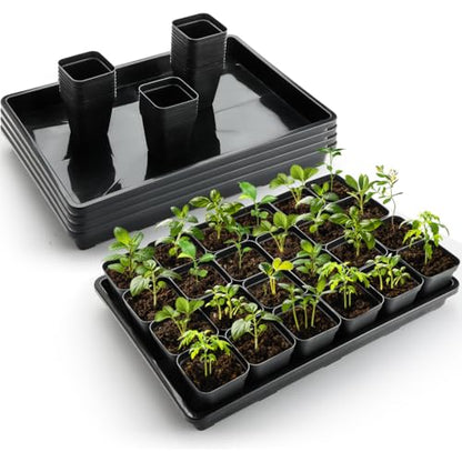 RooTrimmer 2.8 inch (7CM) Square Nursery Pots 120pcs with 5 Pack Seed Starter Trays, Durable Plastic Flat Seedling Tray (17"x11"x2") for Carrying and Holding Plant Nursery Pot (Black) - size: 2.8" Pots-120P + 17.3" x 11.8" x 1.8" Trays-5P