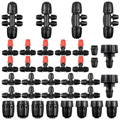 Pushglossy 36 Pcs 1/2" to 1/4" Drip Irrigation Fittings Kit Anti-Drop Barbed Tee Connector 2 4 6 Way Locked Tee Easy Connector Tubing End Plug Misting Nozzle Irrigation Hose Adapter for Plant System