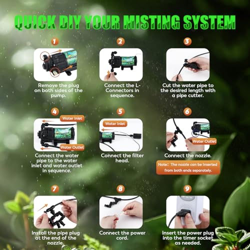 Moongiantgo Reptile Misting System with 360°Adjustable Nozzles&Timer Socket | Reptile Mister with 4PCS 360°Adjustable Single Nozzles&2PCS Double Nozzles, Terrarium Mister for Lizard Chameleon Snake Frog