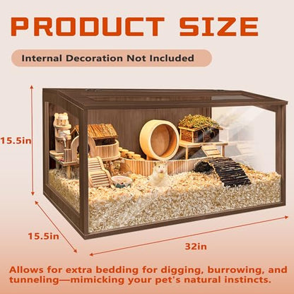 PROLEE Hamster Cage with Chewproof Wood Top, Guinea Pig Cages, Hamster Habitat with Clear Acrylic Sheets Solid Built, Small Animal Cage (Walnut, 32X15.5X15.5 inch) - color: Walnut, size: 32.0"L x 15.5"W x 15.5"H