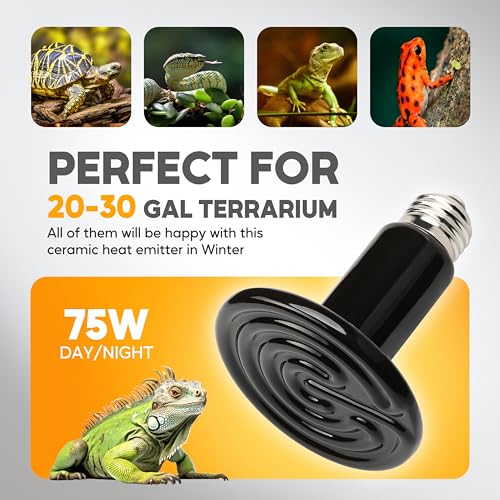 HealSmart 75W Reptile Heat Lamp Ceramic Heat Emitter, No Light Emitting Heat Bulbs, Suitable for Snake/Lizard/Spider, Plant Growth and Incubating Chicken, 2-Pack - size: 75W, style: 2 Pack