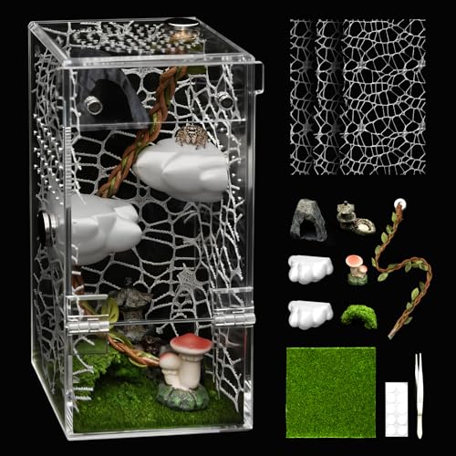 AZV Jumping Spider Enclosure Clouds Kit,Escape Proof Praying Mantis Habitat | Small Magnetic Front Door Tarantula Cribs Ventilation Spider Cage,Transparent Acrylic Reptile Tank,Bug Terrarium,Snail House - color: White, size: Small