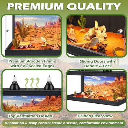 Royxen Bearded Dragon Tank, 34 Gallons Tempered Glass Reptile Terrarium with Metal Mesh Top, 3-Side Clear Anti-Scratch Glass Lizard Tank for Reptile Habitat (Black, 32" Length) - color: Black, size: 34Gal,32x16x16inch