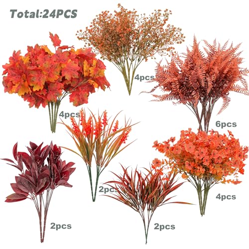 24PCS Artificial Fall Flowers Outdoors, Faux Maples & Mums for Outside | UV Resistant Artificial Flowers Plants for Outdoors Garden Patio Porch, Thanksgiving Autumn Decor Fall Decorations for Home - color: Orange Red Maple