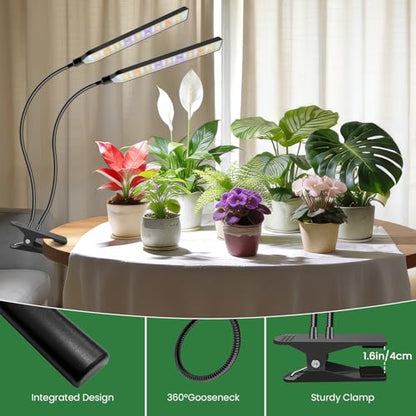 Kullsinss Clip-on Plant Lights for Indoor Growing, 114 LEDs 15W Grow Light | Black 2-Gooseneck Plant Lamp for Seed Starting, Full Spectrum Growing Lamp with Red Blue Yellow White LEDs, Timer & Dimmable - size: 2 Heads--Black