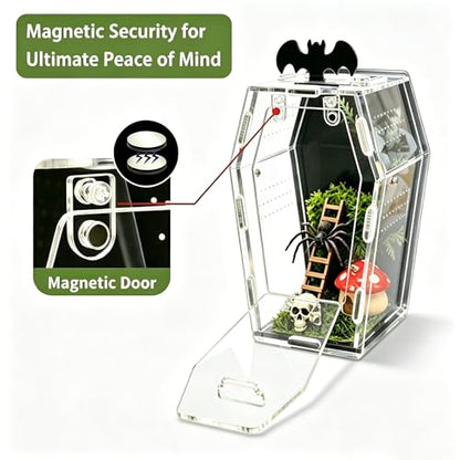 Acrylic Coffin Jumping Spider Enclosure Magnetic Lock Terrarium Kit | Clear acrylic with magnetic locks, feeding port, ventilation. For jumping spiders, tarantulas. 7.1-inch habitat, easy setup.