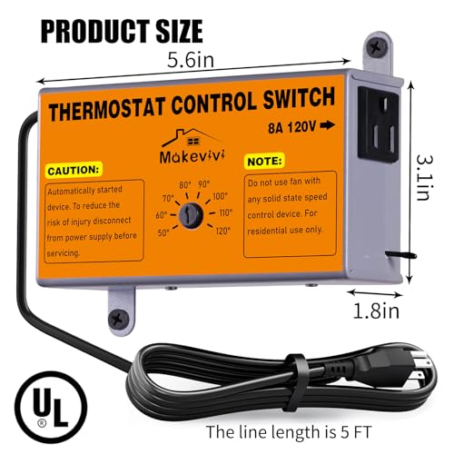 Attic Fan Thermostat Control, Plug & Play Socket Design, 5Ft | UL-Certified Cord, Precision Temperature Control (±1.8°F), 1600W Overload Protected, Garage Workshop Greenhouse Chicken Coop