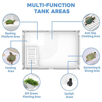 MoonOrange Small Turtle Tank, Acrylic Turtle Terrarium with Basking Platform, Bottom Drainage, Multi-Function Areas for Turtles, Crabs, Crayfish, Small Reptiles (White Tank) - color: White Tank