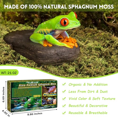 Riare 1.3lb Natural Sphagnum Moss for Reptiles, Terrarium Substrate Bedding | 50QT High Expansion, Moisture Retention, Helps Shedding, Long Fibered Dried Moss for Leopard Gecko, Snake, Frog, Turtle - color: 21 OZ