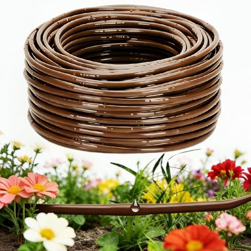 1/4" Drip Irrigation Tubing with 6" Emitter Spacing, (250 Ft Roll) Hydroponics Dripline with Built-in 0.5 GPH Dripper, Drip Line for Vegetation, Window Boxes and Garden (Brown) - size: 250FT