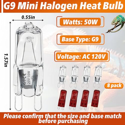 8 Pcs G9 Halogen Bulb 50W, Reptile Heat Lamp for Bearded Dragon/Gecko | Provides Essential Basking Heat, Simulate Natural Sunlight for Day/Night Cycle, Durable for Long-Term Daily Use, Mini G9 Base