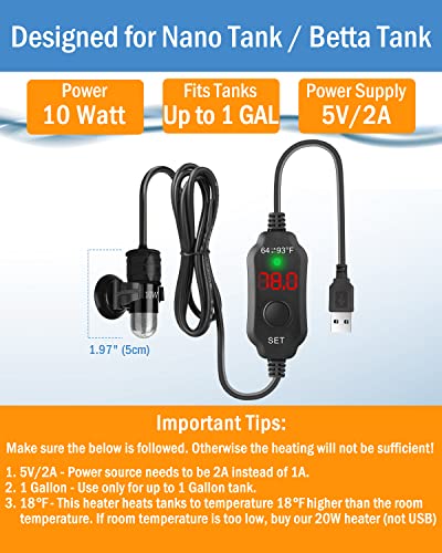 AquaMiracle Mini Aquarium Heater 5V/2A USB 10W Small Fish Tank Heater for Tanks up to 1 Gal, Digital Display Thermostat Betta Heater with Dry-Run & Overheat Protection, Memory Function - size: ≤ 1 Gal Tanks