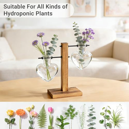 Mkono Propagation Stations,2 Heart Shaped Glass Plant Vases with Wood Stand | Hydroponic Terrarium, Desktop Propagation Jars, Cute Air Plant Flower Holder,Home Office Decor, Plant Lover Gardening Gift - size: 2 Heart Bulb Vase