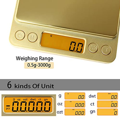 Fuzion Small Gram Scale 3000g, Digital Kitchen Food Scale, Gram and Ounce | Gold Titanium Mirror Finish, 0.1g Accuracy, 6 Modes, 2 Trays Included, Tare, Piece Counting, For Food, Coffee, Coins, Herb - color: Gold Titanium