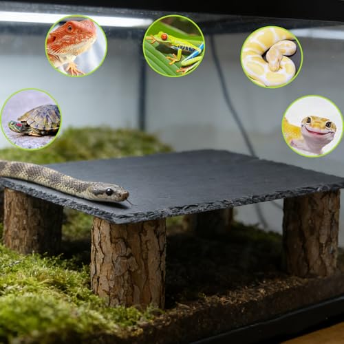 Reptile Tank Accessories, Slate Basking Platform with Wooden Pile, Snake Hideout, Hide Cave for Bearded Dragons, Geckos, Ball Pythons, Tortoise and Other Small Animals