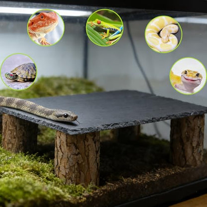Reptile Tank Accessories, Slate Basking Platform with Wooden Pile, Snake Hideout, Hide Cave for Bearded Dragons, Geckos, Ball Pythons, Tortoise and Other Small Animals