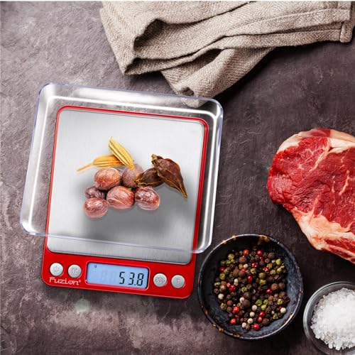 Fuzion Small Gram Scale 3000g, Digital Kitchen Food Scale, Gram and Ounce | 0.1g Accuracy, 6 Modes, 2 Trays Included, Tare Function, Piece Counting, For Food, Coffee, Cooking, Herb, Reptiles, Coins - color: Red