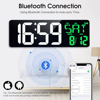 17" Large Digital Wall Clock, Bluetooth Sync, Auto Dimmer, Remote | Bluetooth Automatic Time Sync, Stable Plug-in Power, DST Support, Date Week Temperature Display, Fits all Indoor Spaces - color: White+green