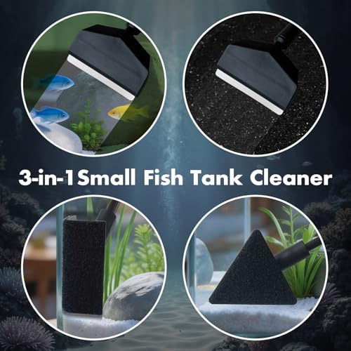 5PCS Small Fish Tank Cleaner Kit: 3-in-1 Algae Scraper with Blade & Sponge Brushes, Curved Aquarium Tweezers & 2" Magnetic Glass Cleaner for Nano Tanks up to 30cm/12 (10 Gallon & Under)