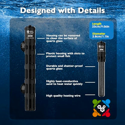 AquaMiracle Submersible Aquarium Heaters, 200W Fish Tank Heater with LED Digital Temp Display, Dry-Run Auto Power-Off & Overheat Protection, for Freshwater and Saltwater Tanks (20-40 Gal) - size: For 20-40 Gal Aquariums