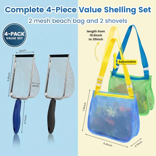 3 otters 2 Pack Beach Mesh Shovel with Mesh Beach Bag for Shell Collecting, Sand Sifters Shell Collect Bag for Kids, Great Shelling Tools