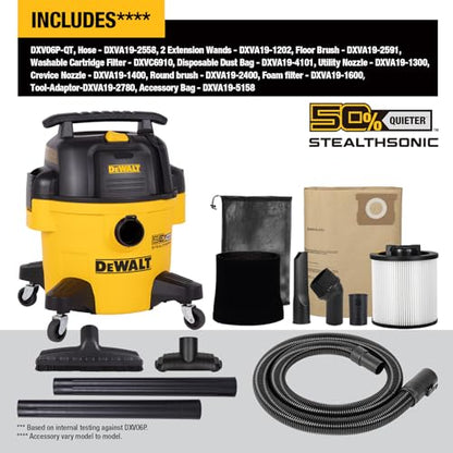 DEWALT STEALTHSONIC Wet Dry Shop Vac 6 Gallon, Shop Vacuum Wet and Dry 5 HP, Ultra Quiet Shopvac with Powerful Suction, Wet Dry Vacuum Cleaner for Home, Garage, Workshop, Jobsite, DXV06P-QT - size: 6 Gallon (1 Dust Bag)