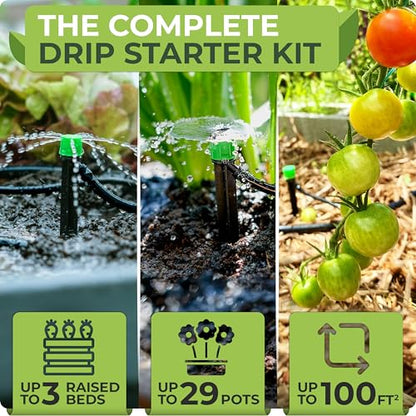 Drip Irrigation System Kit for Garden Watering, Sprinkler, 100 ft | For Garden, Yard, Raised Beds, Plants, Lawn, with Barbed 5/16 Mainline + 1/4 Tubing + 30 Emitters, 20-45 PSI and up to 40 GPH - size: Barbed Fitting 100 feet