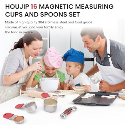 HOUJIP Magnetic Measuring Cups and Spoons Set-304 Stainless Steel,Red | Double Measurement Markings,BPA-Free,Set of 16 with Leveler for Measuring Dry and Liquid Ingredients - color: Red