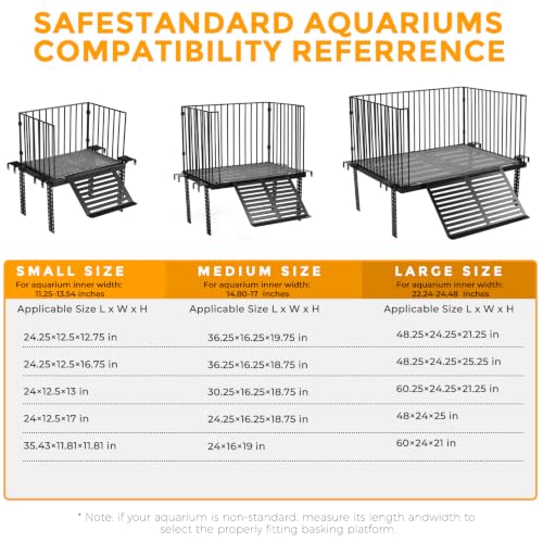 Turtle Basking Platform with Ramp, for 25-75 Gal Tank | Sliding hooks adjust water depth easily. Fits 15-17 inch rim. Rust-proof SS, non-slip ramp for safe climbing.