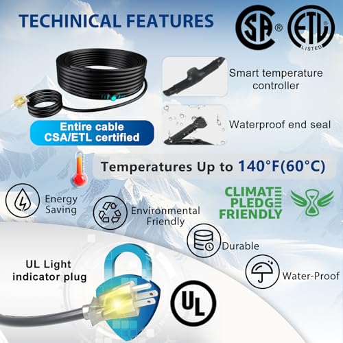 35FT Pipe Freeze Protection Cable, 7W/FT Constant Wattage Heat Tape | Protects water-filled metal and plastic pipes from freezing. Install in a straight line only. CSA & ETL certified. - style: 35 Feet