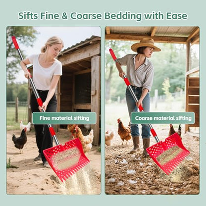 12" 2-in-1 Chicken Poop Scooper & Rake, 3-Shape Sifting Holes Chicken Coop Rake, Stainless Steel Handle (20–61") - Litter Scooper & Sand Sifting Shovel (U.S. Patent No. D1124534) - Red - color: Red