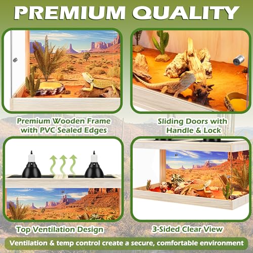 Royxen Bearded Dragon Tank, 34 Gallons Tempered Glass Reptile Terrarium with Metal Mesh Top, 3-Side Clear Anti-Scratch Glass Lizard Tank for Reptile Habitat (Oak, 32" Length) - color: Oak, size: 34Gal,32x16x16inch