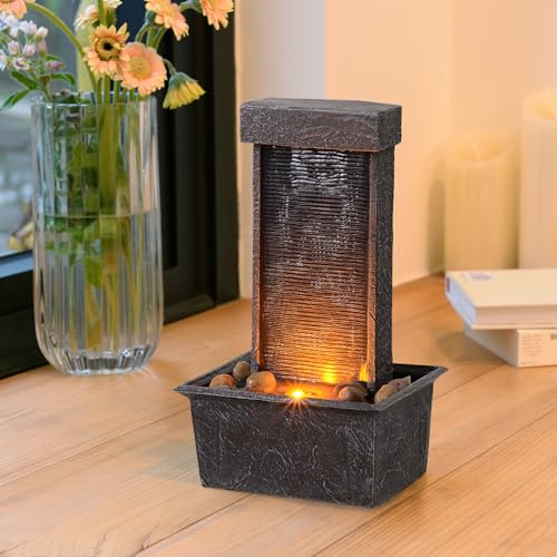 Straight Panel Tabletop Water Fountain LED-Lit – Indoor/Outdoor Decorative Waterfall Feature with Soothing Lights & Flowing Water for Home, Office, or Garden Décor
