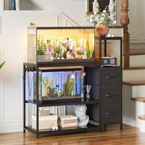 20 Gallon Aquarium Stand with Drawers & Power Outlet, Black | Fits 20 Gallon Tanks; Reptile Tank Stand; 3-Tier Storage Shelves; Adjustable Height; Heavy-Duty Metal Frame - color: Black