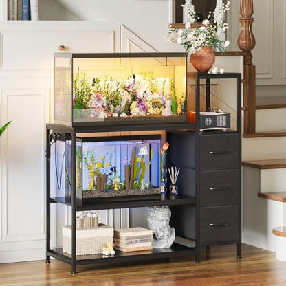 20 Gallon Aquarium Stand with Drawers & Power Outlet, Black | Fits 20 Gallon Tanks; Reptile Tank Stand; 3-Tier Storage Shelves; Adjustable Height; Heavy-Duty Metal Frame - color: Black