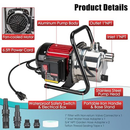 Water Transfer Garden Pump, 1.6 HP 1000GPH Portable Electric Shallow Well Jet Pump, Stainless Steel Sprinkler Pressure Booster Pump for Pool Draining, Lawn Fountain, Irrigation, Water Removal - style: 1.6HP