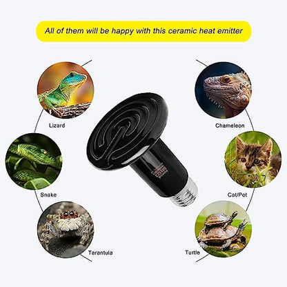 2 Pack 75W Black Ceramic Heat Emitter for Reptile | Infrared, No Light Emitted, Heater, 24/7 Warmth, Brooder Coop, Amphibians, Lizard, Turtle Tank, Aquarium, Snake, No Harm