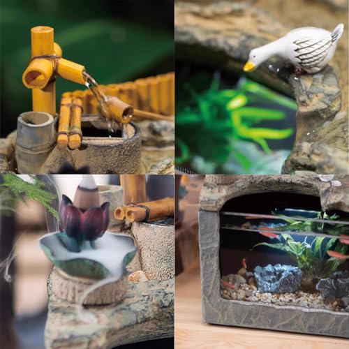 Fish Tanks with Water Fountain,Indoor & Outdoor Small Fish Pond Kit,Water Pump & Filtration & LED Light,Tabletop Aquarium,Waterfall Decoration,Home Office Decor,A