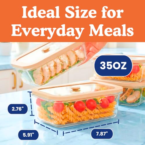 Non-Toxic Glass Food Containers with Lids, 4-Pack, 35 oz, Airtight, Beige | Plastic & BPA free. Glass body, glass lid & platinum silicone seal. Airtight & leakproof. Freezer & microwave safe. - color: Beige, size: 35 Oz
