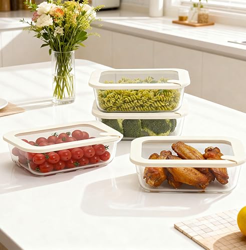 Glass Food Storage Containers with Glass Lids, Microwave Safe Food Container Set, Airtight Food Container Set, LeakProof, 100% Plastic Free, White Color, 4pack - color: ‎Ivory White -4s
