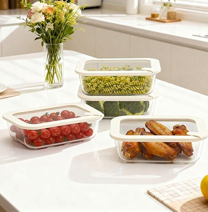 Glass Food Storage Containers with Glass Lids, Microwave Safe Food Container Set, Airtight Food Container Set, LeakProof, 100% Plastic Free, White Color, 4pack - color: ‎Ivory White -4s